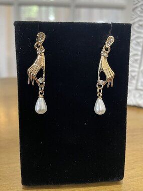 Gold Hand Faux Pearl Dangle Earrings Victorian Surrealist Dark Academia NWT